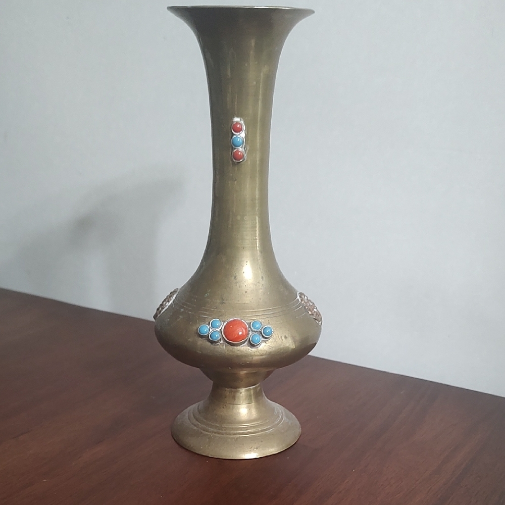 Brass Vase Coral Turquoise Red Colored Glass  Florals Bookcase Decorating Decor